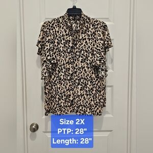 Tahari Woman Leopard Print Short Ruffle Sleeve Blouse, EUC, Size 2X